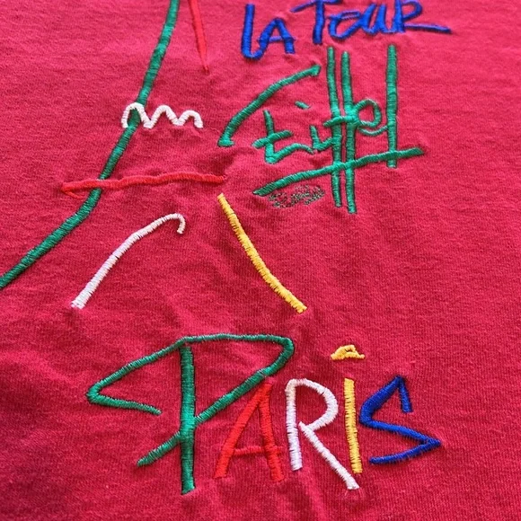 Vintage 90s Paris Eiffel Tower Red France Embroidered 100% Cotton T Shirt Large - Picture 3 of 7